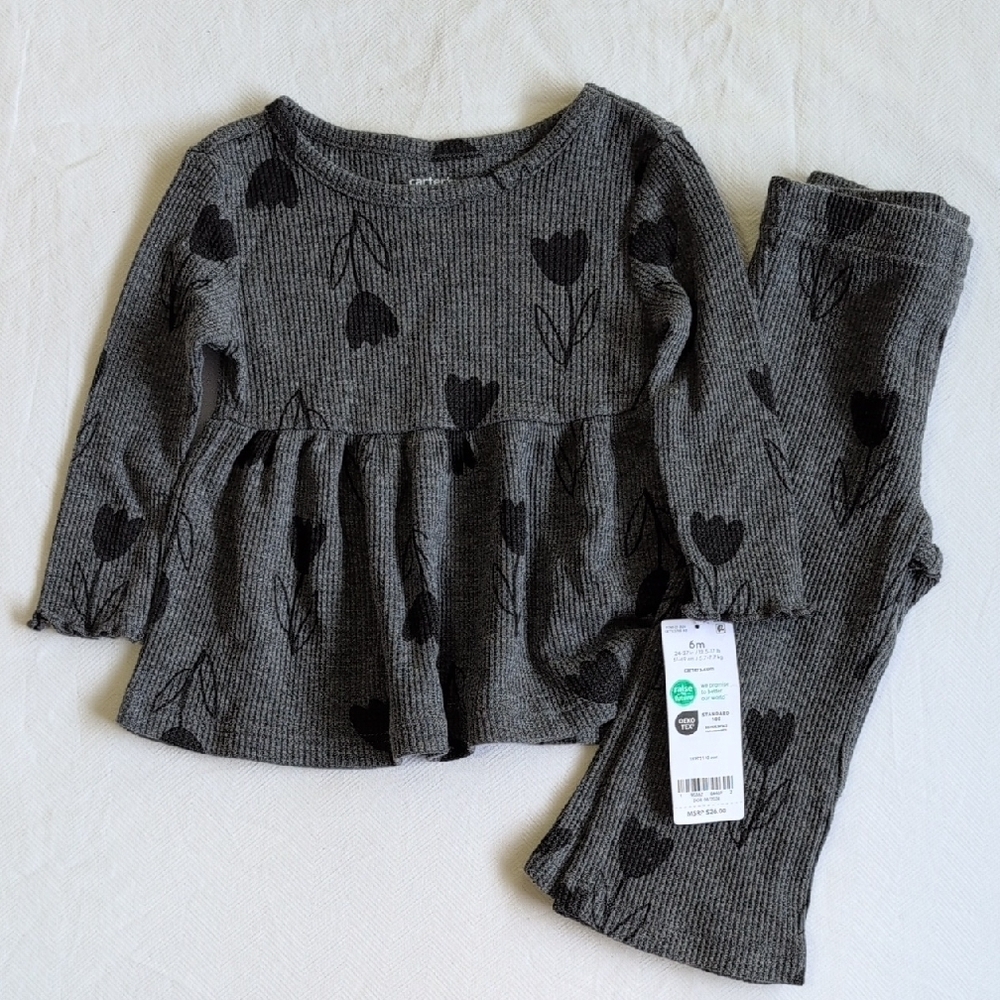 NEW carter's tulip floral gray matching outfit set waffle knit 6 months girl
